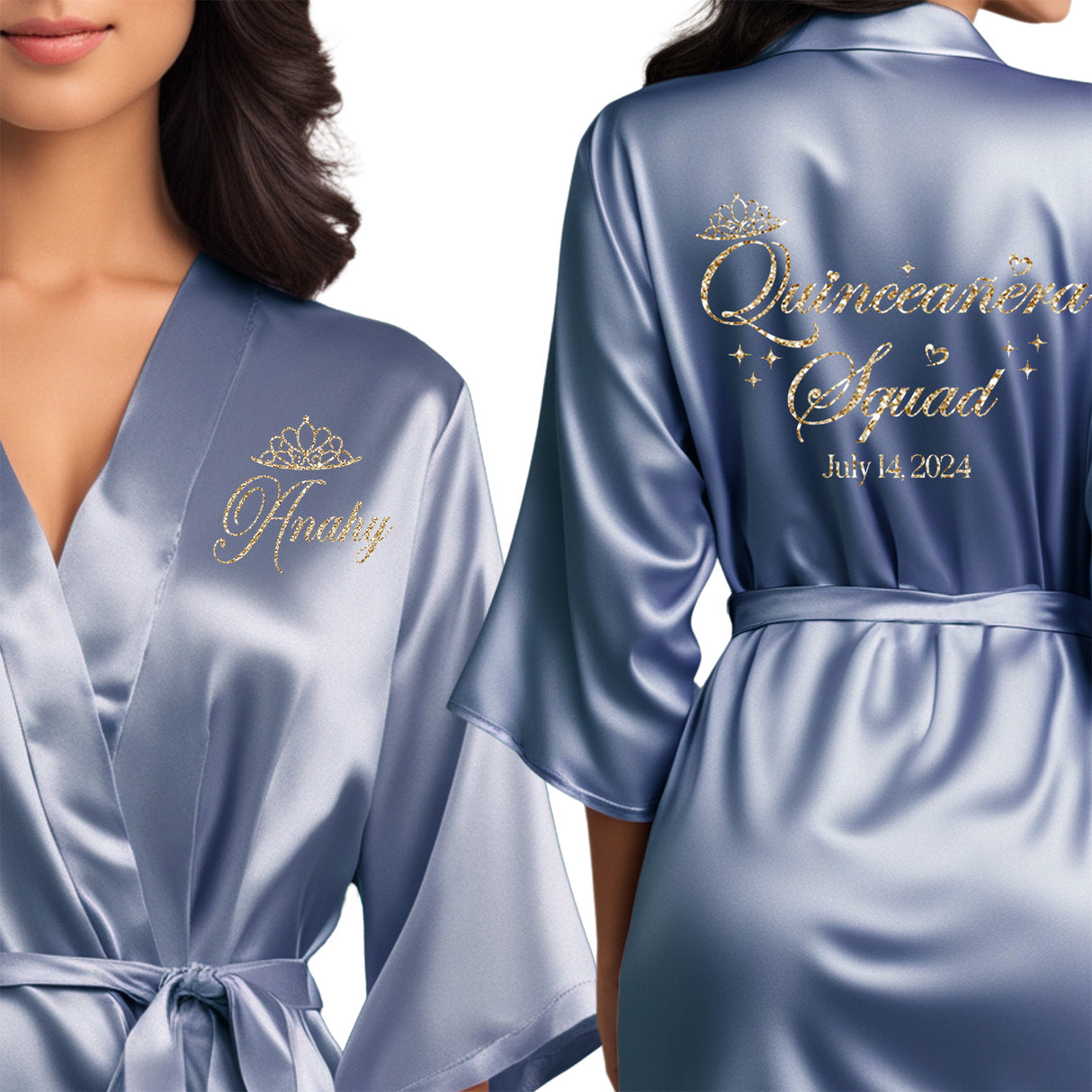 The perfect personalized satin quince robes for the entire quinceanera squad.