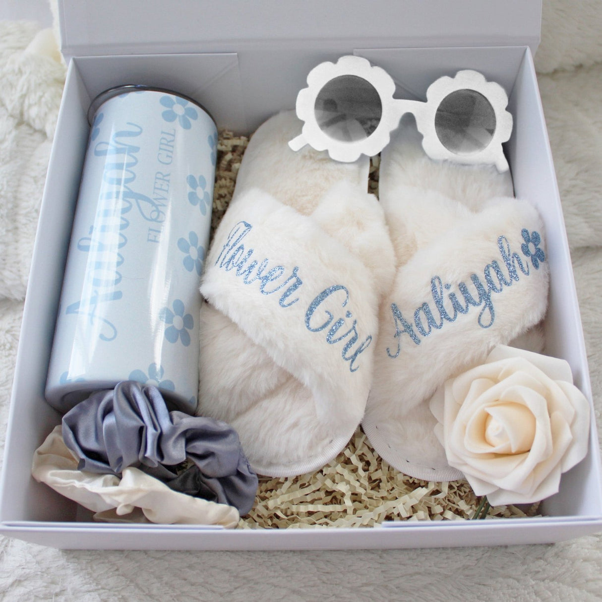Dusty blue flower girl proposal gift box, thoughtful keepsake for flower girl proposals. Fun gifts for girls.