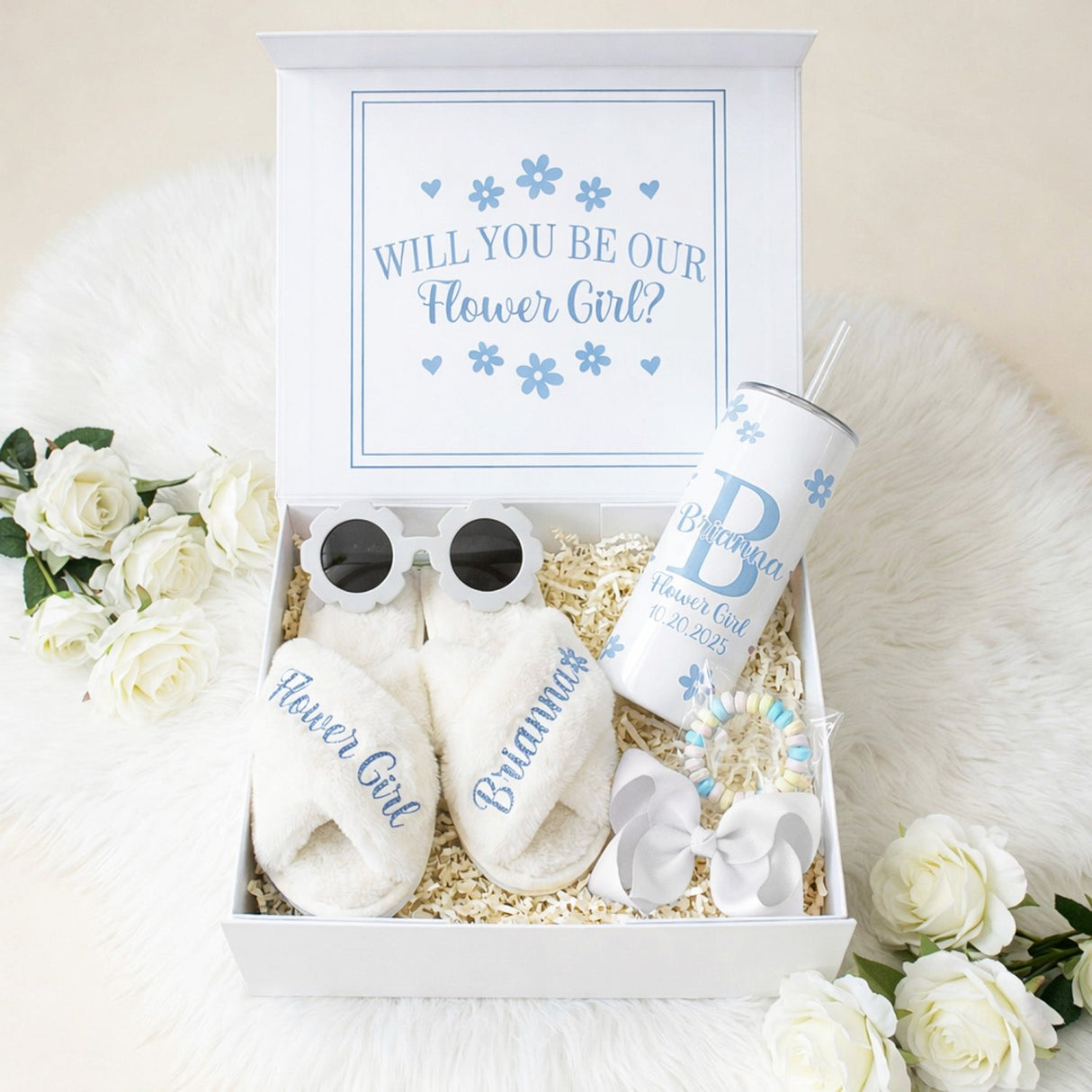 Sweet Pea Flower Girl Proposal Box with Fluffy Slippers & Tumbler - Gifts Are Blue