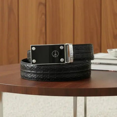FEDEY Mens Signature Ratchet Leather Belt w PEACE Statement Buckle - Gifts Are Blue