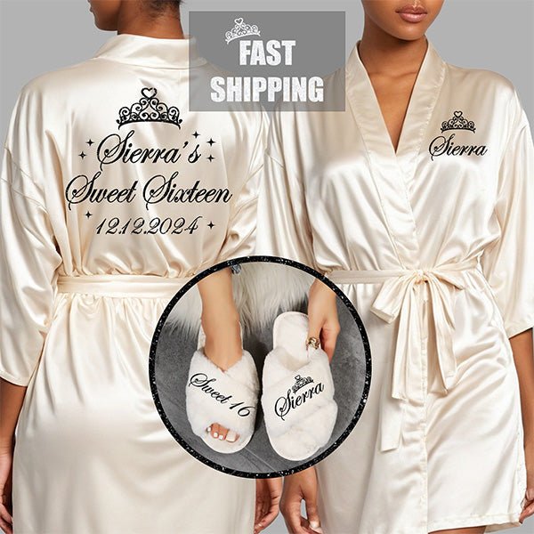 Pretty Sweet Sixteen Robe and Slipper Set Personalized With Name and Date - Gifts Are Blue