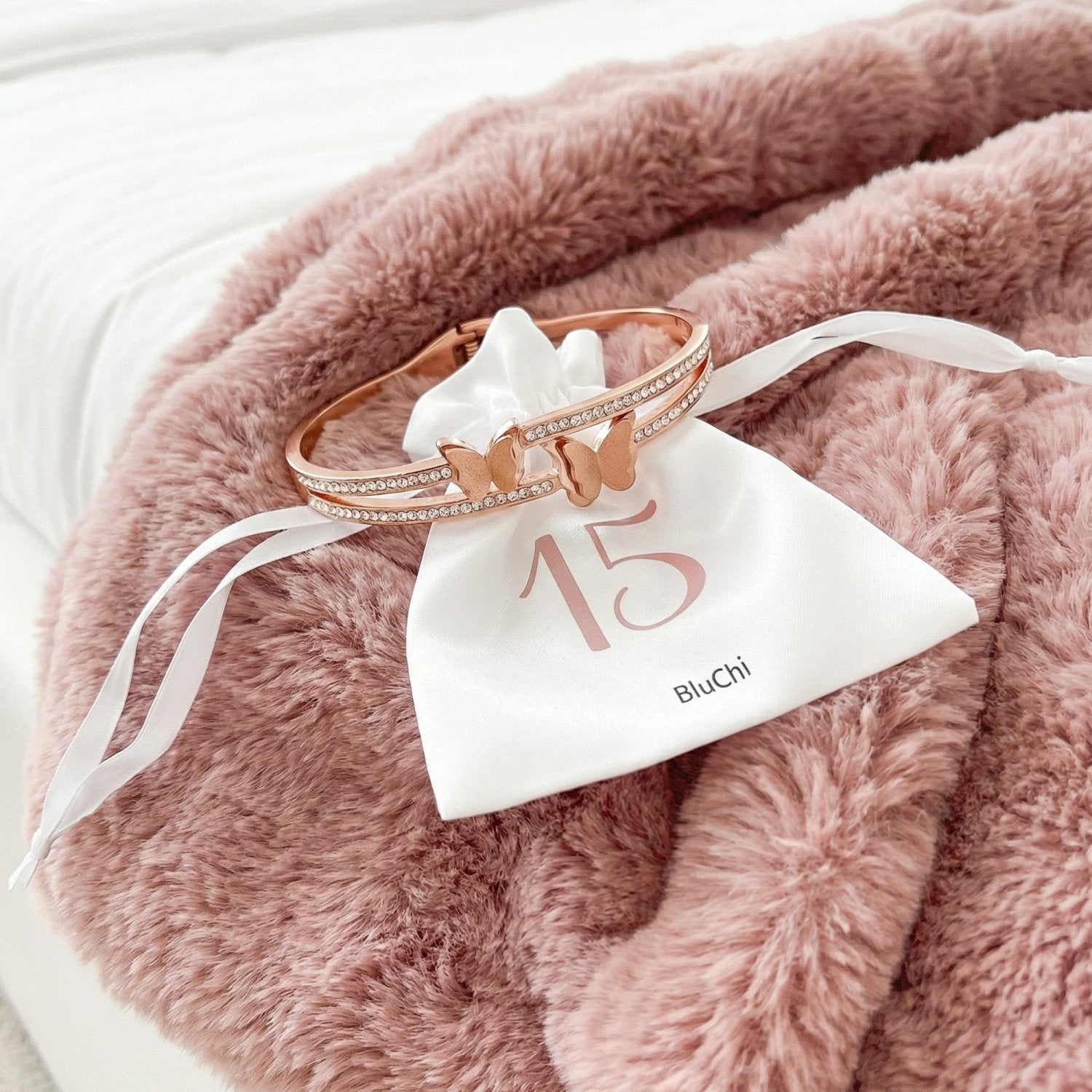 Rose Gold Quinceanera Gift Box w Rhinestone Cup and Bracelet - Gifts Are Blue