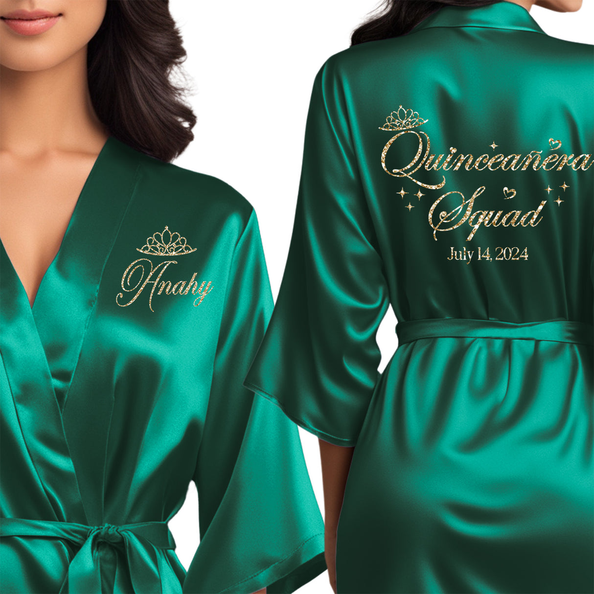 The perfect personalized satin emerald green quince robes for the entire quinceanera squad.