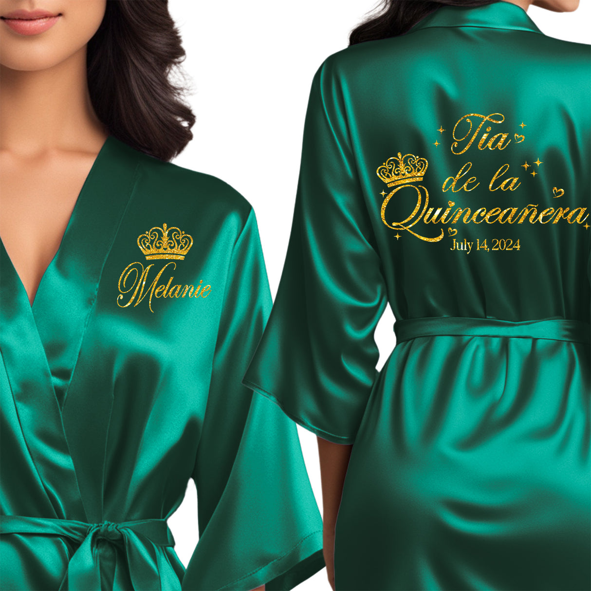 Beautiful emerald green quinceanera robes with gold glitter. Personalized satin robes for tia de la quinceanera.