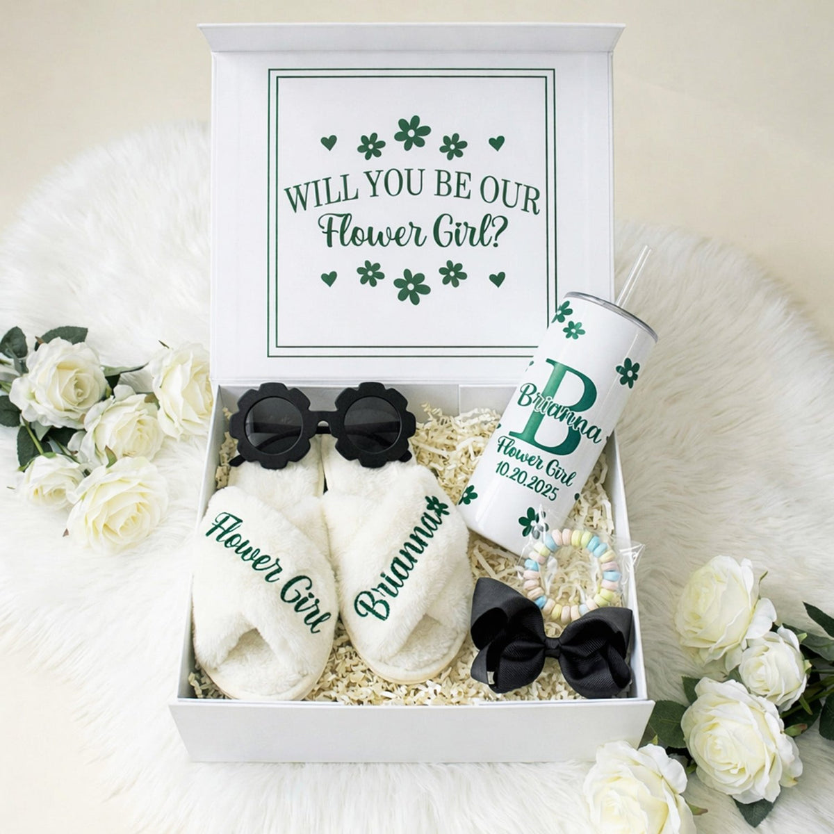 Sweet Pea Flower Girl Proposal Box with Fluffy Slippers & Tumbler - Gifts Are Blue
