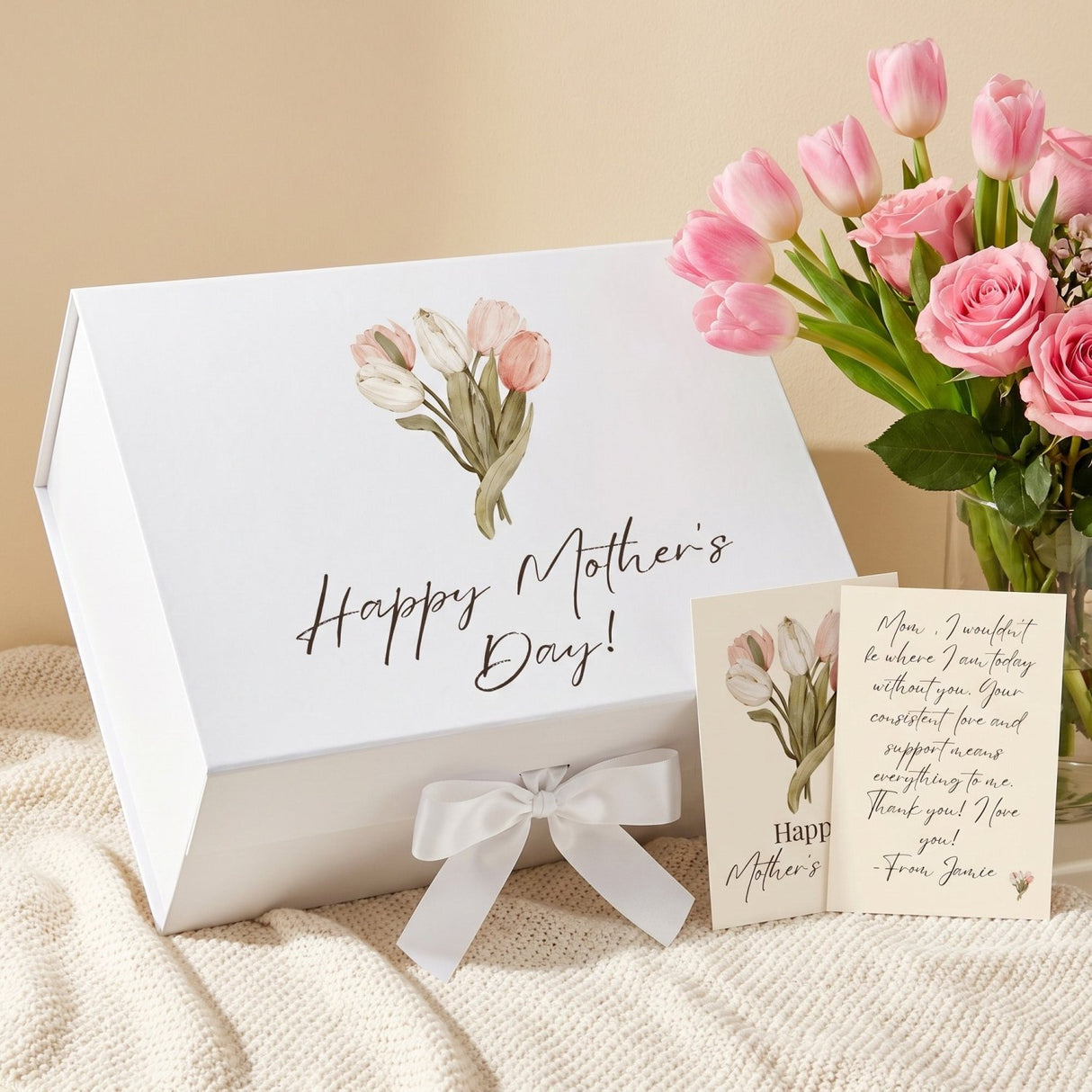 Multi Design Personalized Empty Mom Gift Box w Magnetic Lid, Bow and Crinkle Paper - Gifts Are Blue