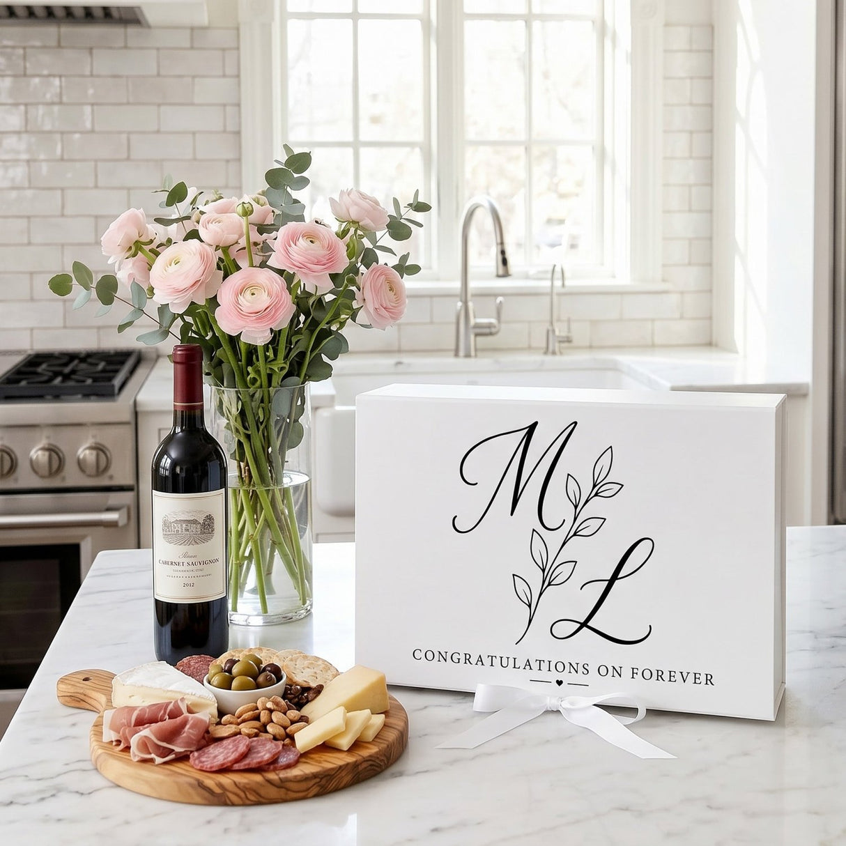 A custom gift box is included with this wedding gift set. A personalized title with initials can be added to the outside of the box and a personal message can be include on the interior of the box.