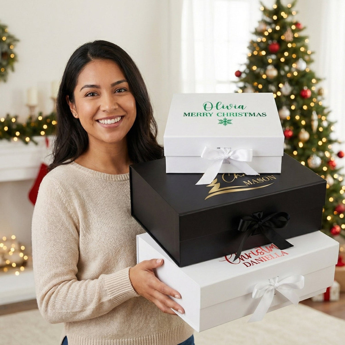 Multi Design Personalized Empty Christmas Gift Boxes w Magnetic Lid, Bow and Crinkle Paper - Gifts Are Blue
