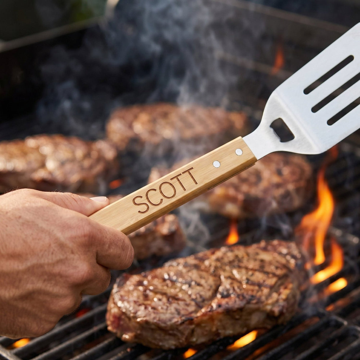 The Grill Master BBQ Tool Set with Engraved Case - 3 Pc Bamboo Kit - Gifts Are Blue