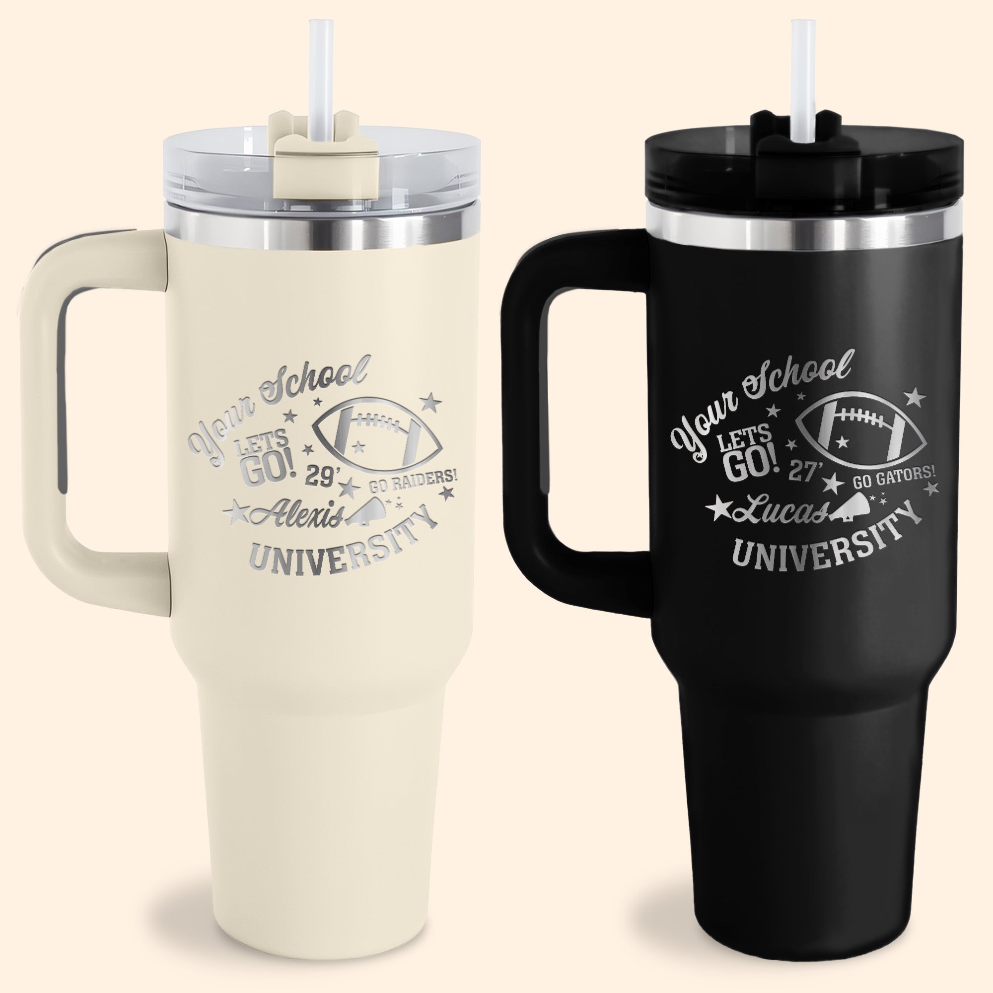 40oz custom college tumblers for game day or every day use. Perfect football school spirit tumblers for college students.