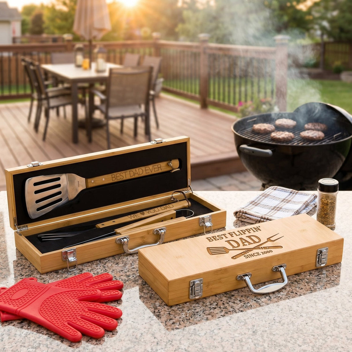 The Grill Master BBQ Tool Set with Engraved Case - 3 Pc Bamboo Kit - Gifts Are Blue