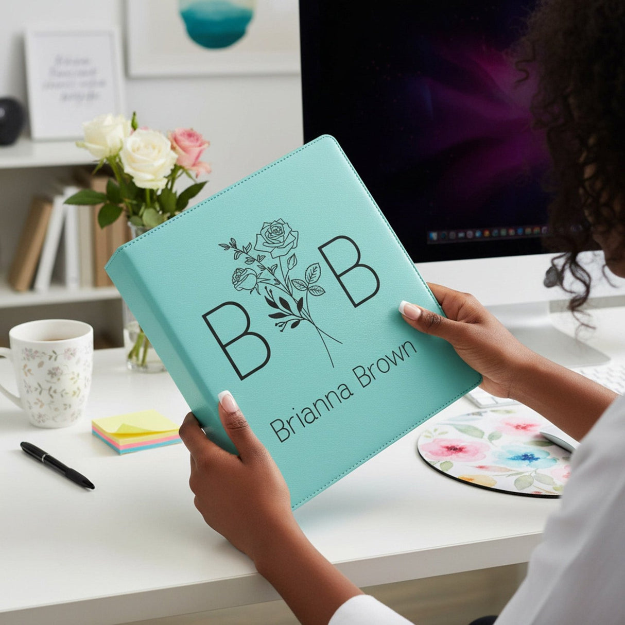 Split Initials w Name Birth Flower Personalized Binder for Her, Faux Leather - Gifts Are Blue