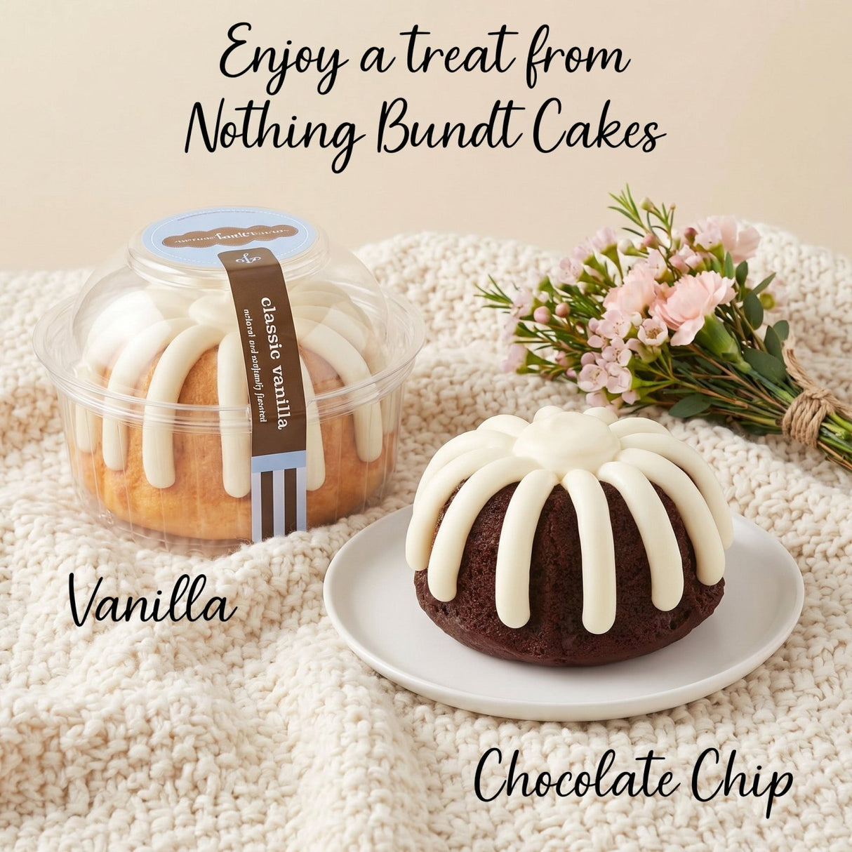 Sweet Cake & Bloom Basket Gift for Her with Bundt Cake, Mug and Fuzzy Socks - Gifts Are Blue