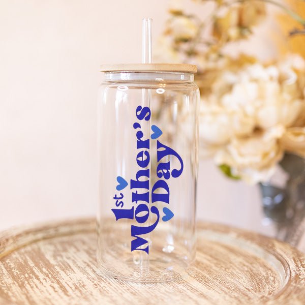 Cute First Mothers Day Iced Coffee Glass Tumbler for Gift for New Moms - Gifts Are Blue