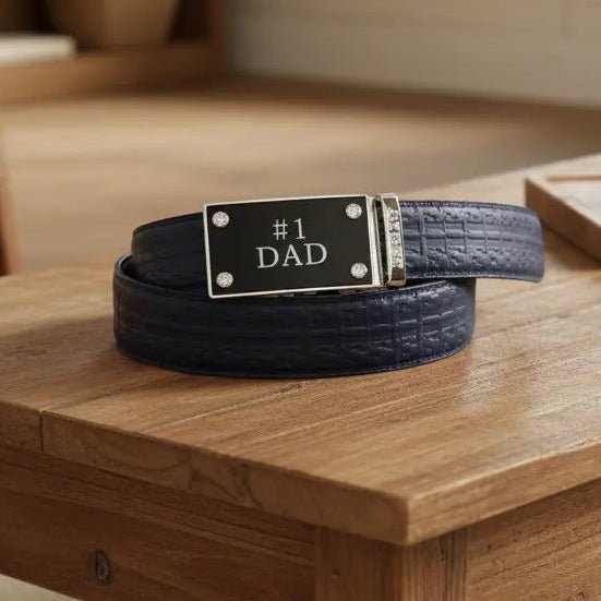 FEDEY Mens Signature Ratchet Leather Belt w No1 DAD Statement Buckle - Gifts Are Blue
