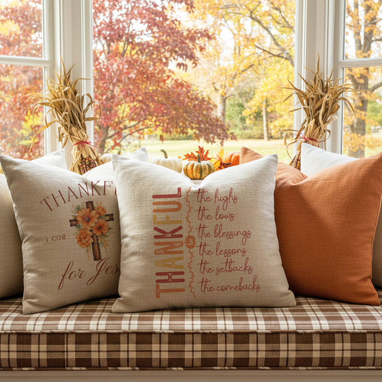 Multi Design Religious Fall Linen Throw Pillows for Couch, Set of 2, 3, and 4, Autumn Decoration