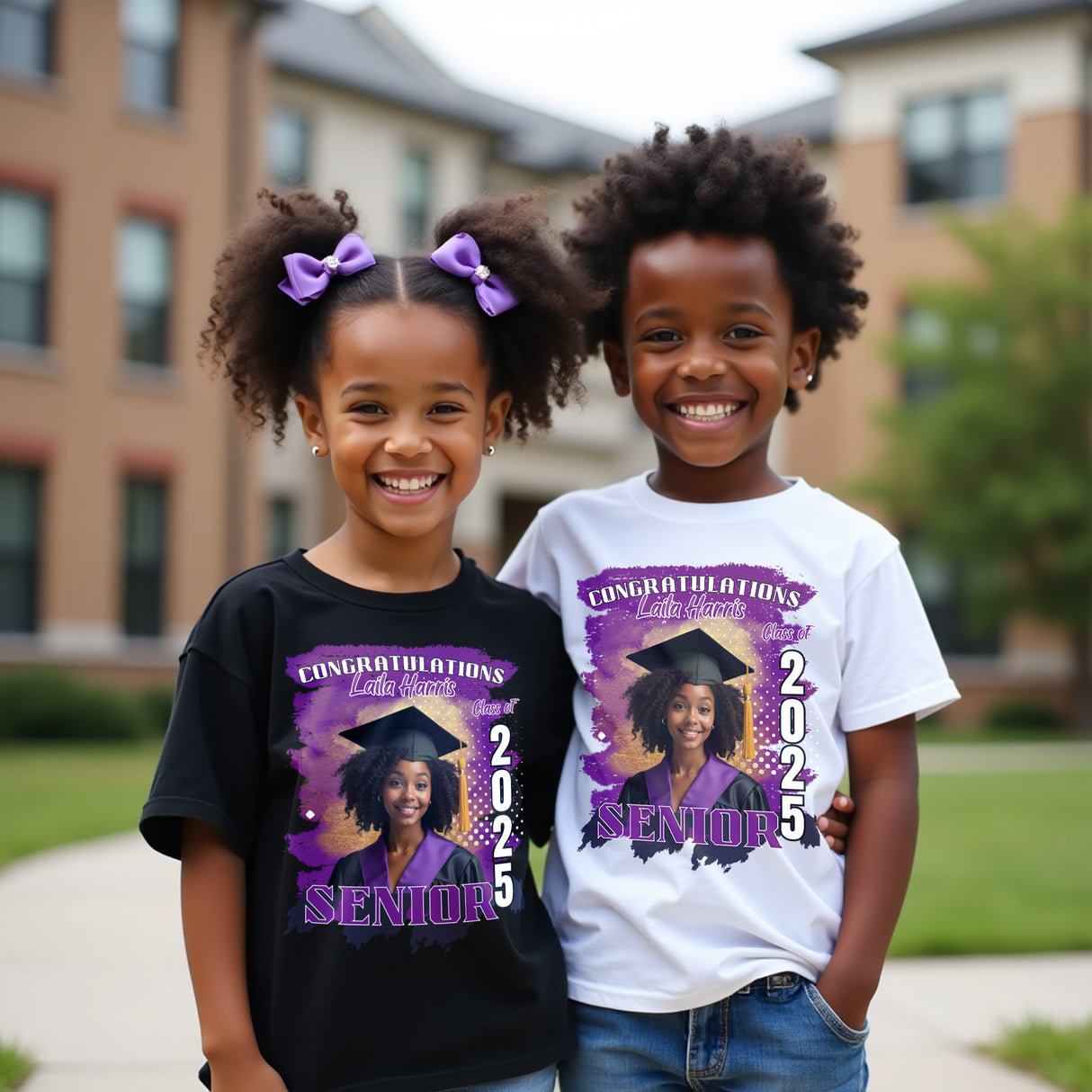 Two kids wearing personalized photo graduation shirts for the Class of 2025, celebrating family member graduating.