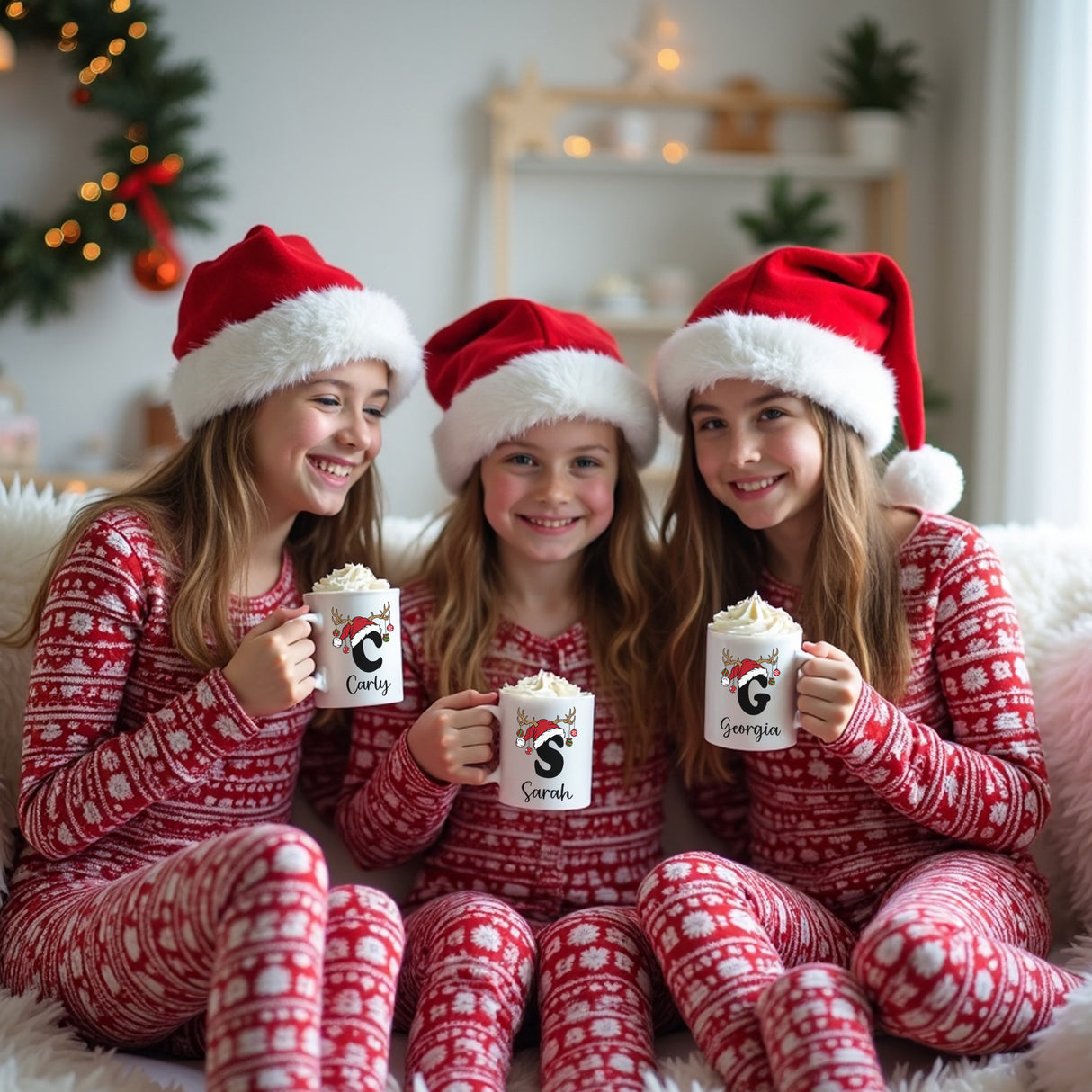 Cute comical matching Christmas mugs for kids and teens, personalized with their names and reindeer initial. Great Christmas mugs for parties and sleepovers.