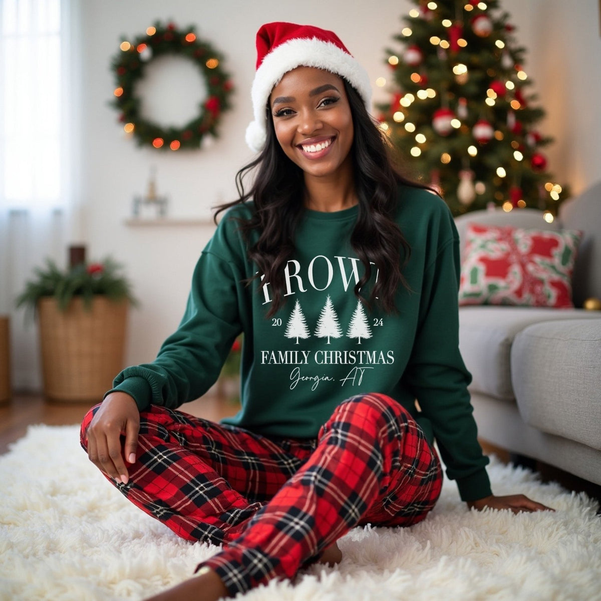 Dark green matching family Christmas sweater.