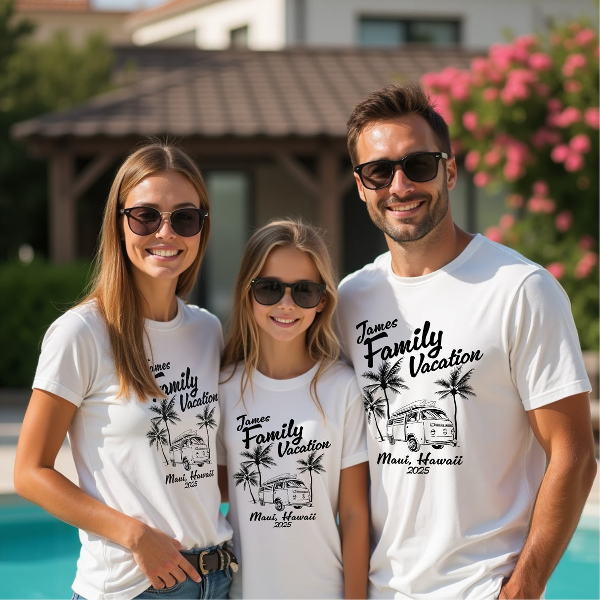 Custom matching family travel shirts for road trips and camping, personalized with names for family group outings.