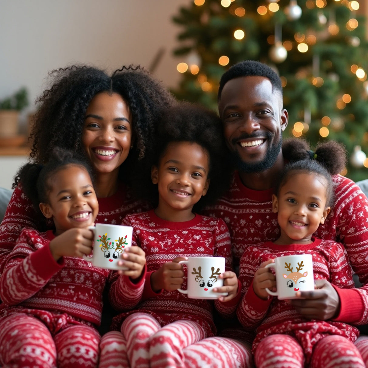 Custom family matching Christmas mugs.