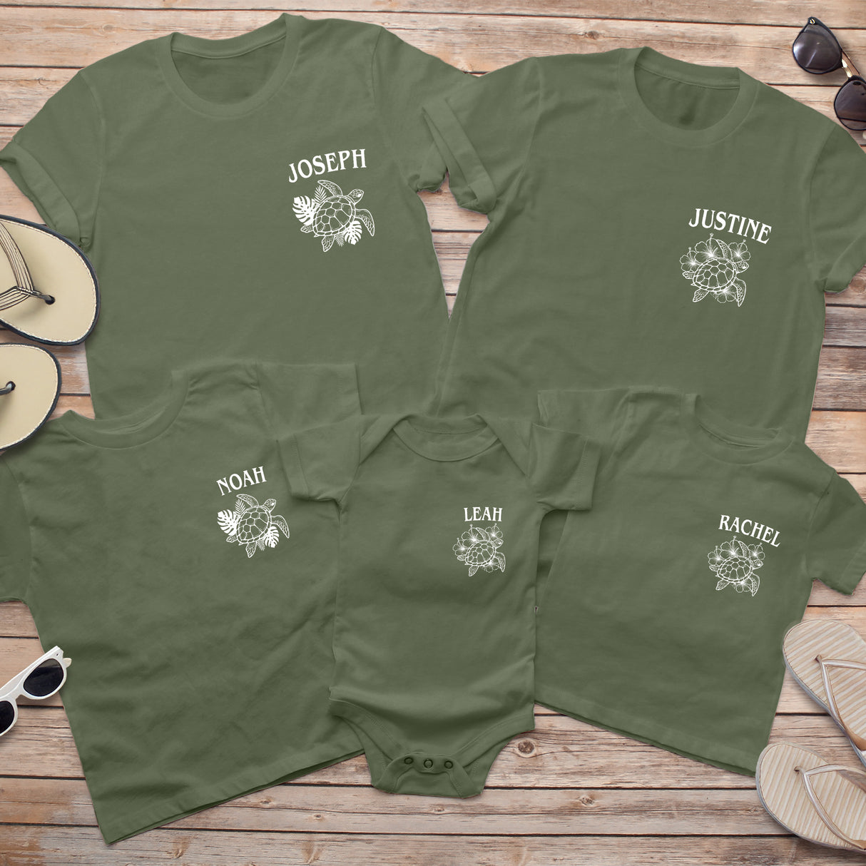 Custom turtle family vacation shirts feature matching beach tees for men, women, and kids.