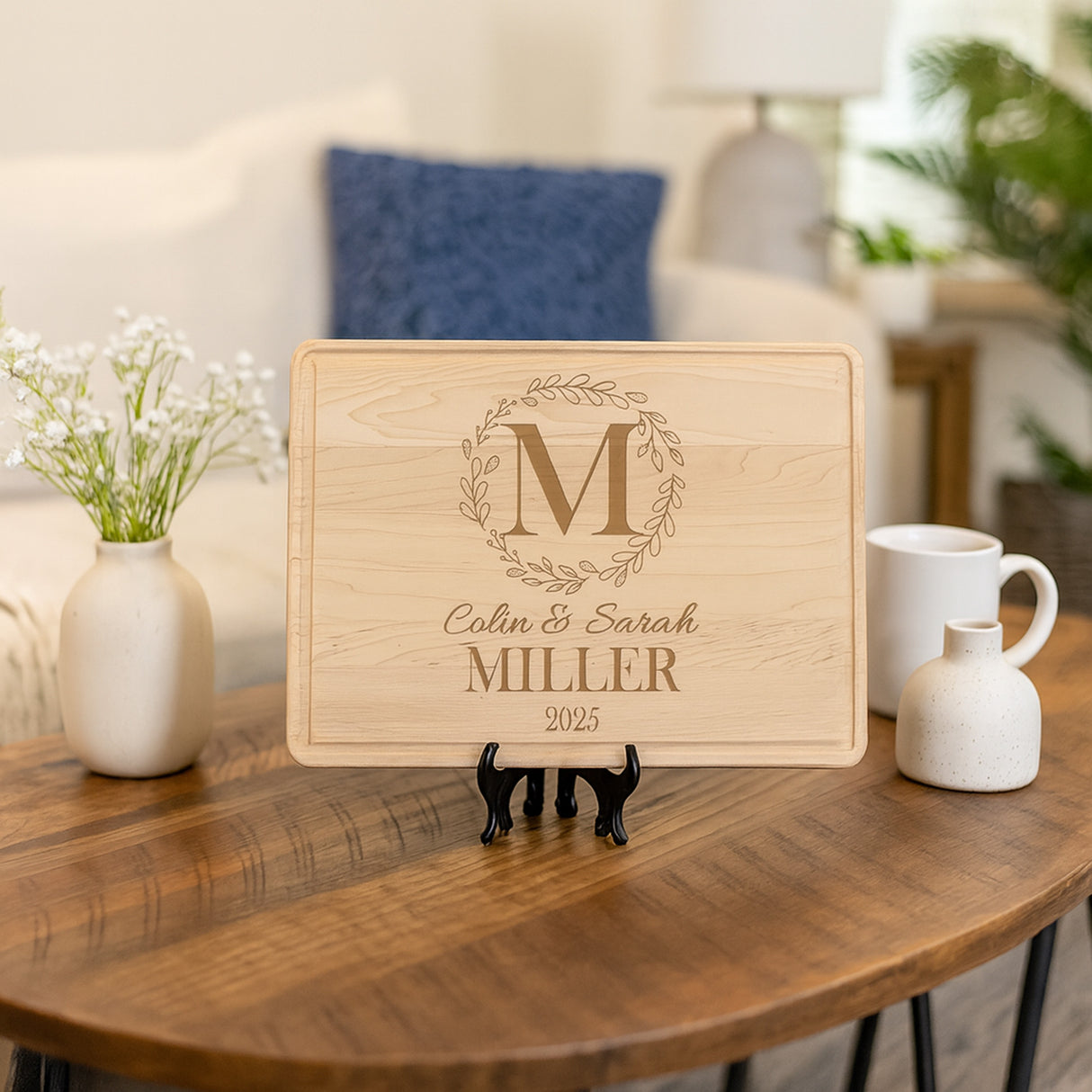 Personalized wedding gifts with name and wedding year. Maple wood custom cutting board for couples.