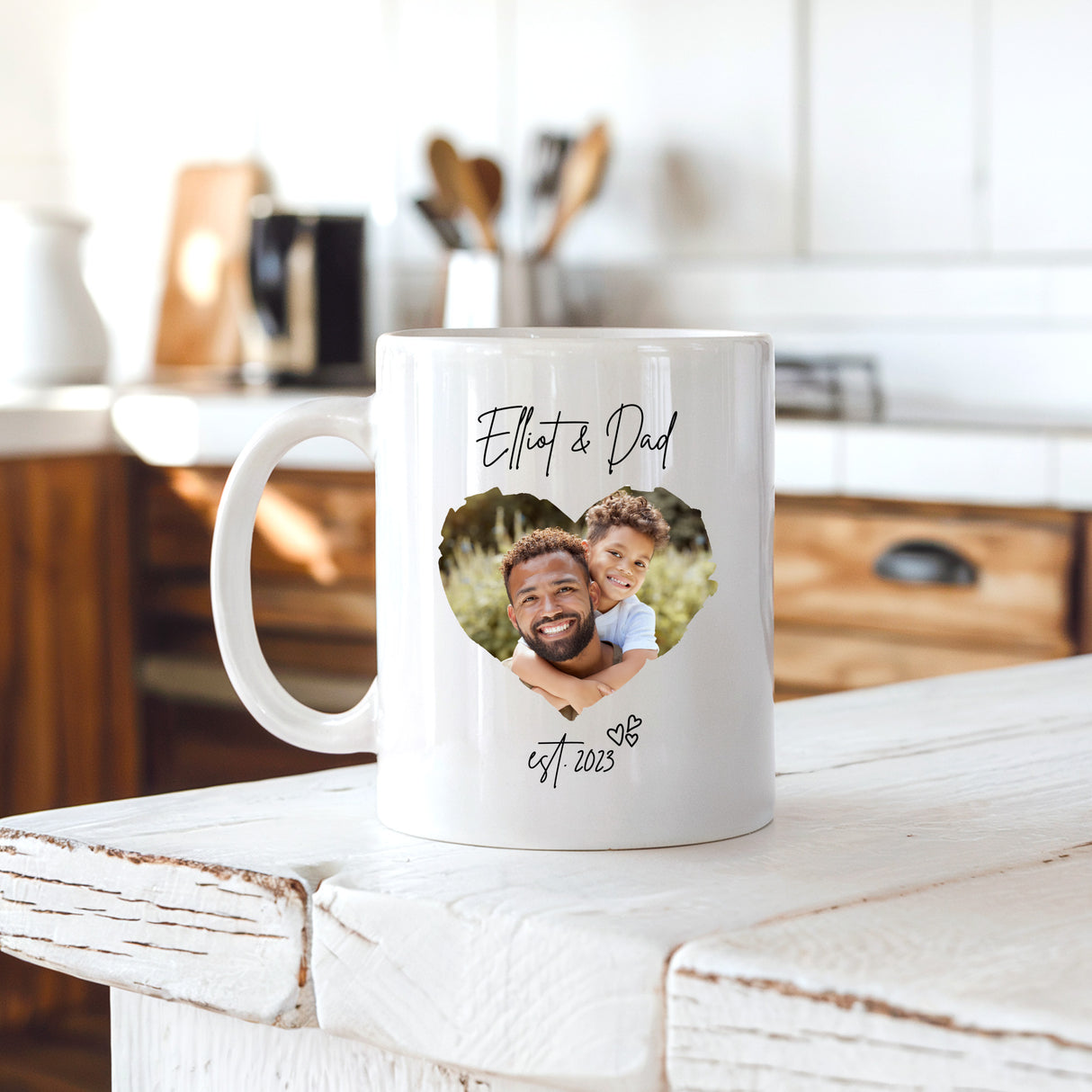 Desk scene with custom Father’s Day mug photo of family and dad’s name. High-quality cup with custom photo and established year for dad gift