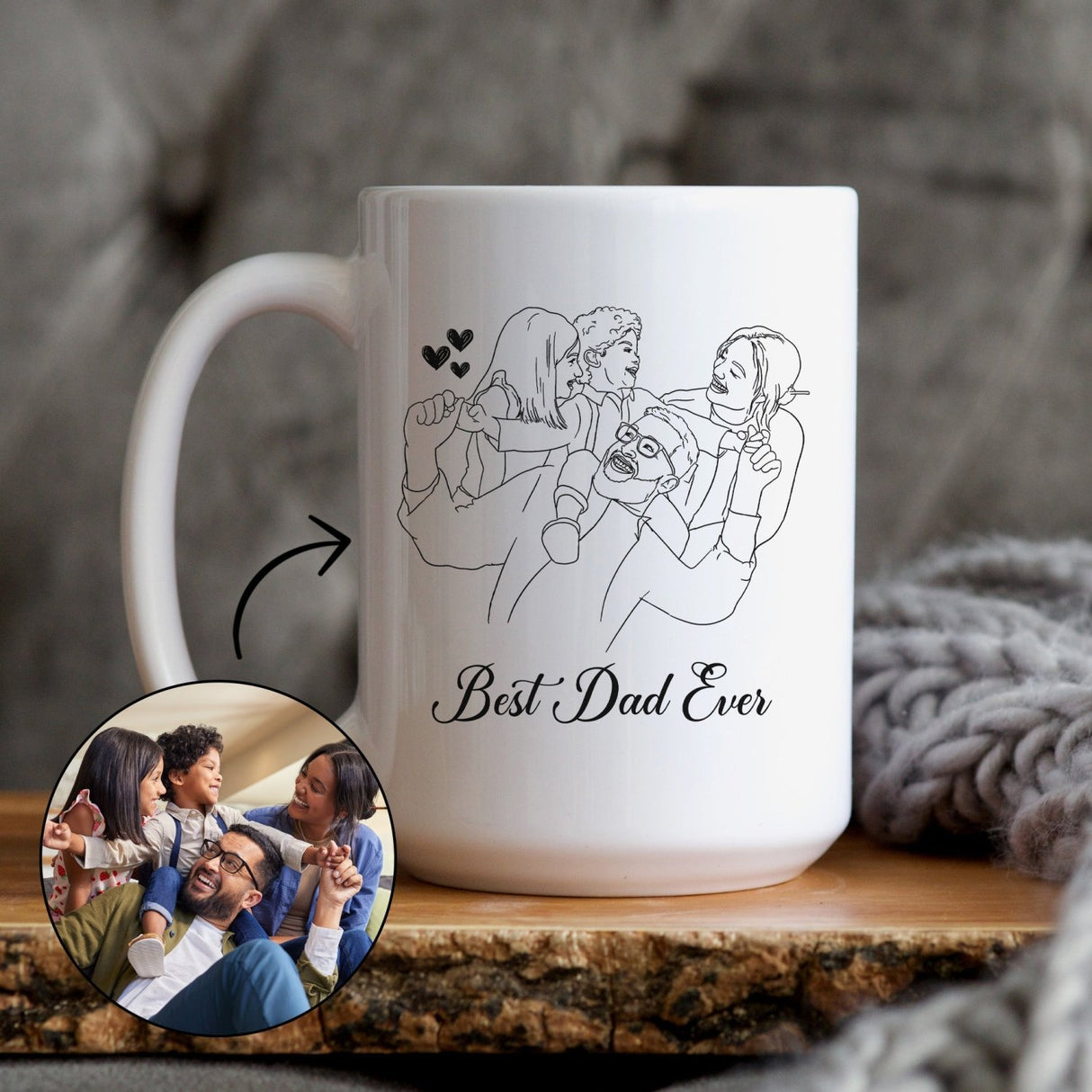 Custom family portrait line art mug created from photo, personalized gift for Dad from kids or wife. Custom mug for father with names.
