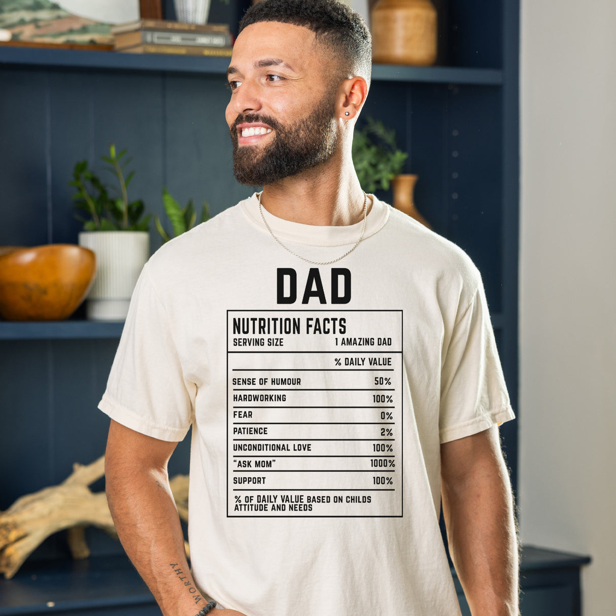 Personalized Father’s Day shirt with custom dad joke nutrition label graphic, a fun and thoughtful gift for dads.