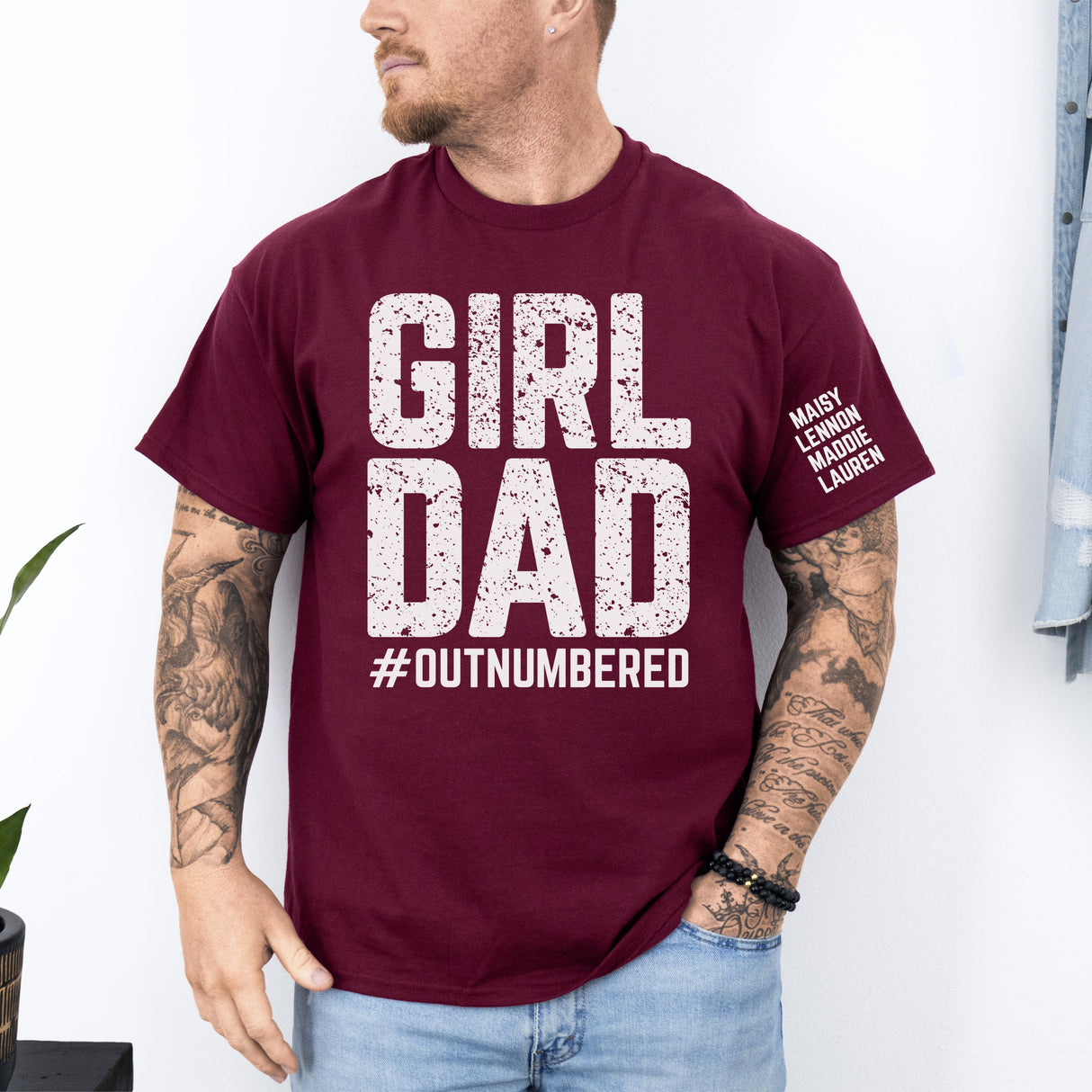 Custom girl dad t-shirt with kids names printed, ideal birthday or Christmas gift for fathers of daughters.