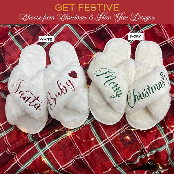 Santa Baby Christmas Slippers with other festive designs. These are criss-cross style fluffy slippers for women. Great gift for her during the holidays. all SKUs