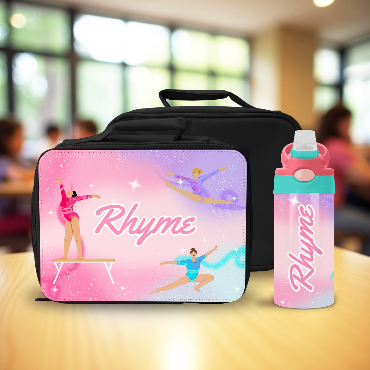 Personalized gymnastics lunch box for girls with matching custom water bottle, ideal for school and back to school gifts.