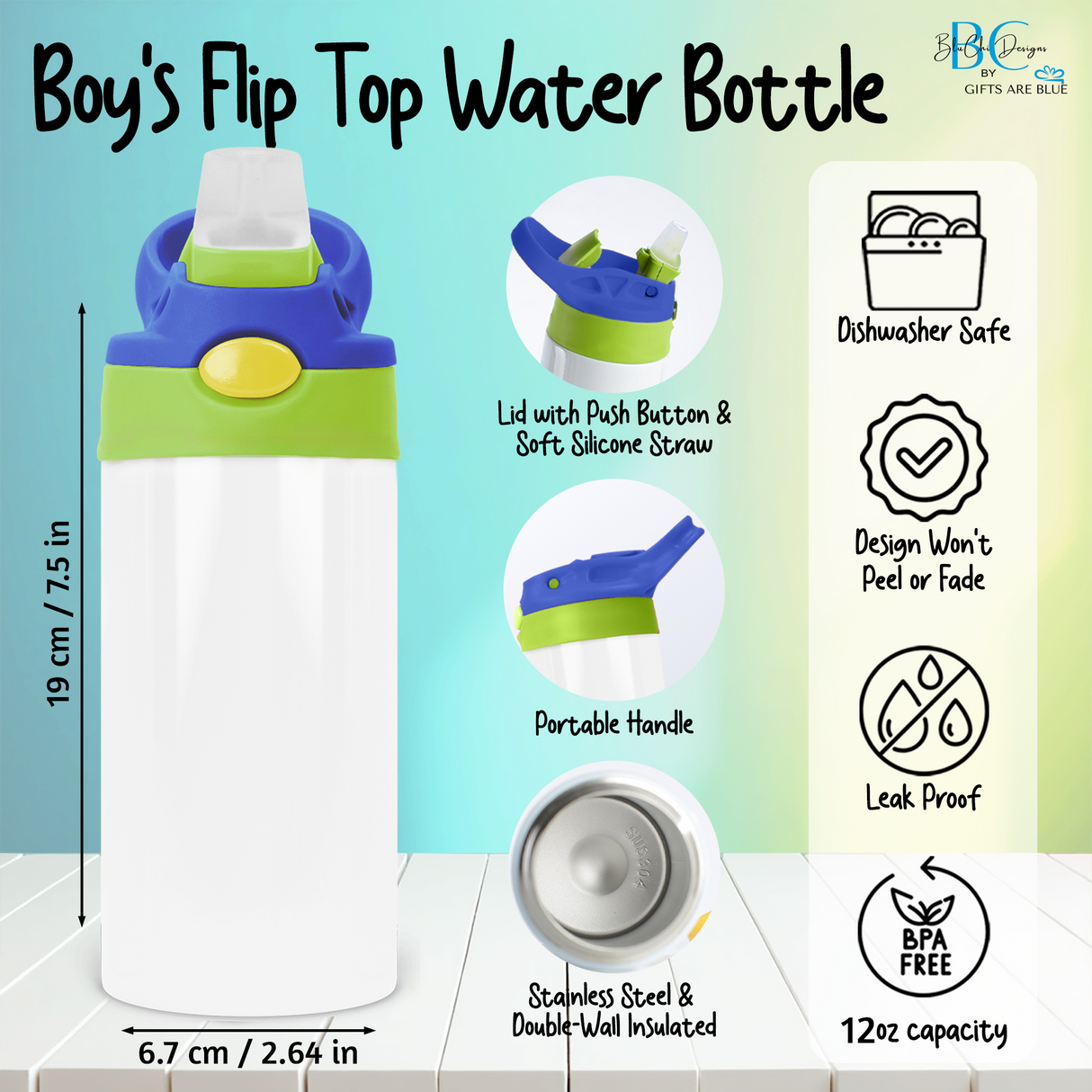 Dinosaur Water Bottle for Kids or Toddlers, Custom Flip Top Cup with Name for Boys