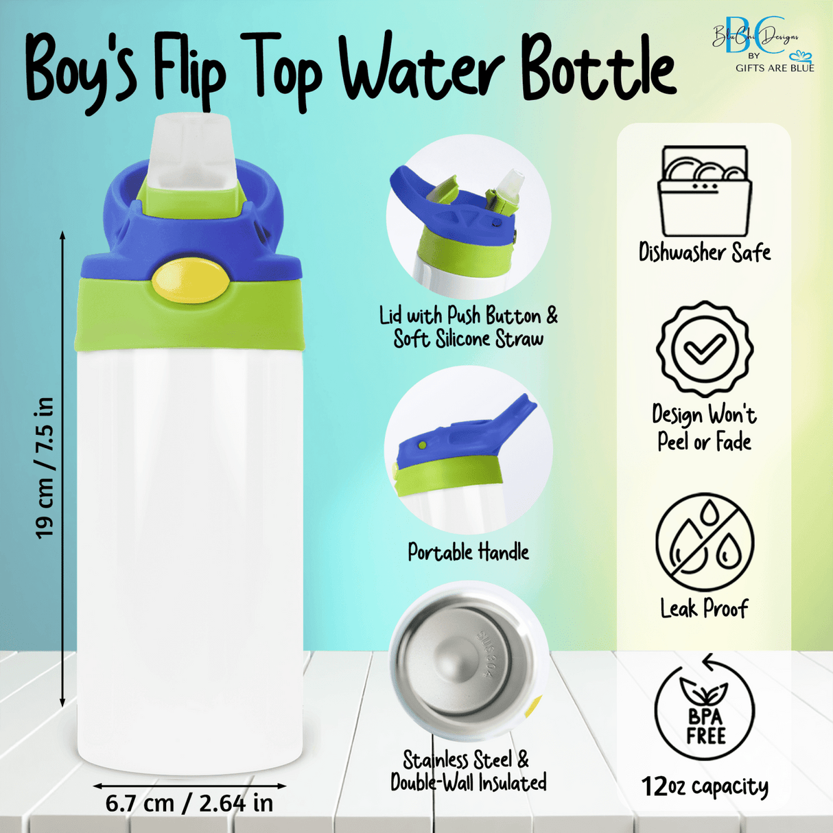 Dinosaur Water Bottle for Kids or Toddlers, Custom Flip Top Cup with Name for Boys - Gifts Are Blue
