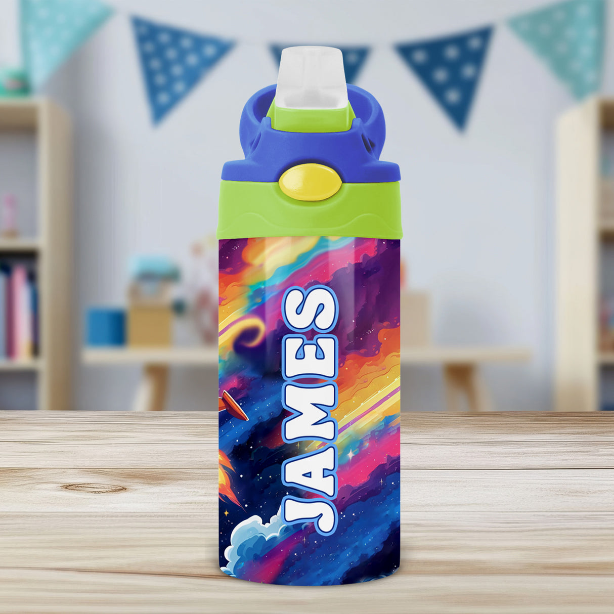 Space-themed personalized water bottle for kids, great for sports practice and school use.