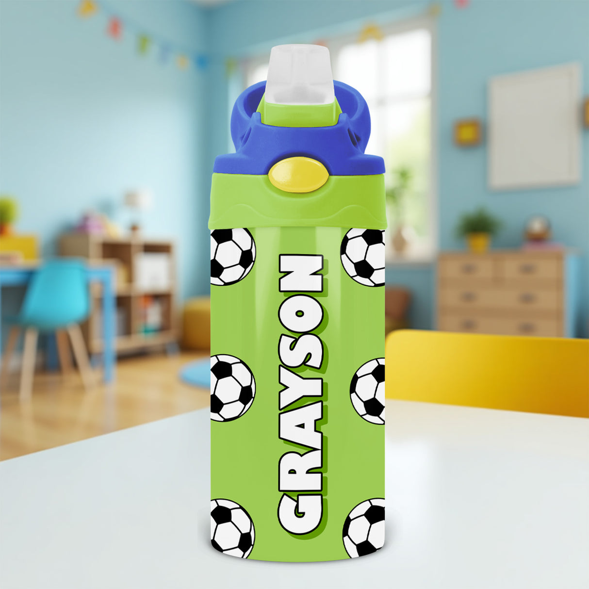 Custom name kids soccer water bottle for back to school accessories and personalized sports gifts.