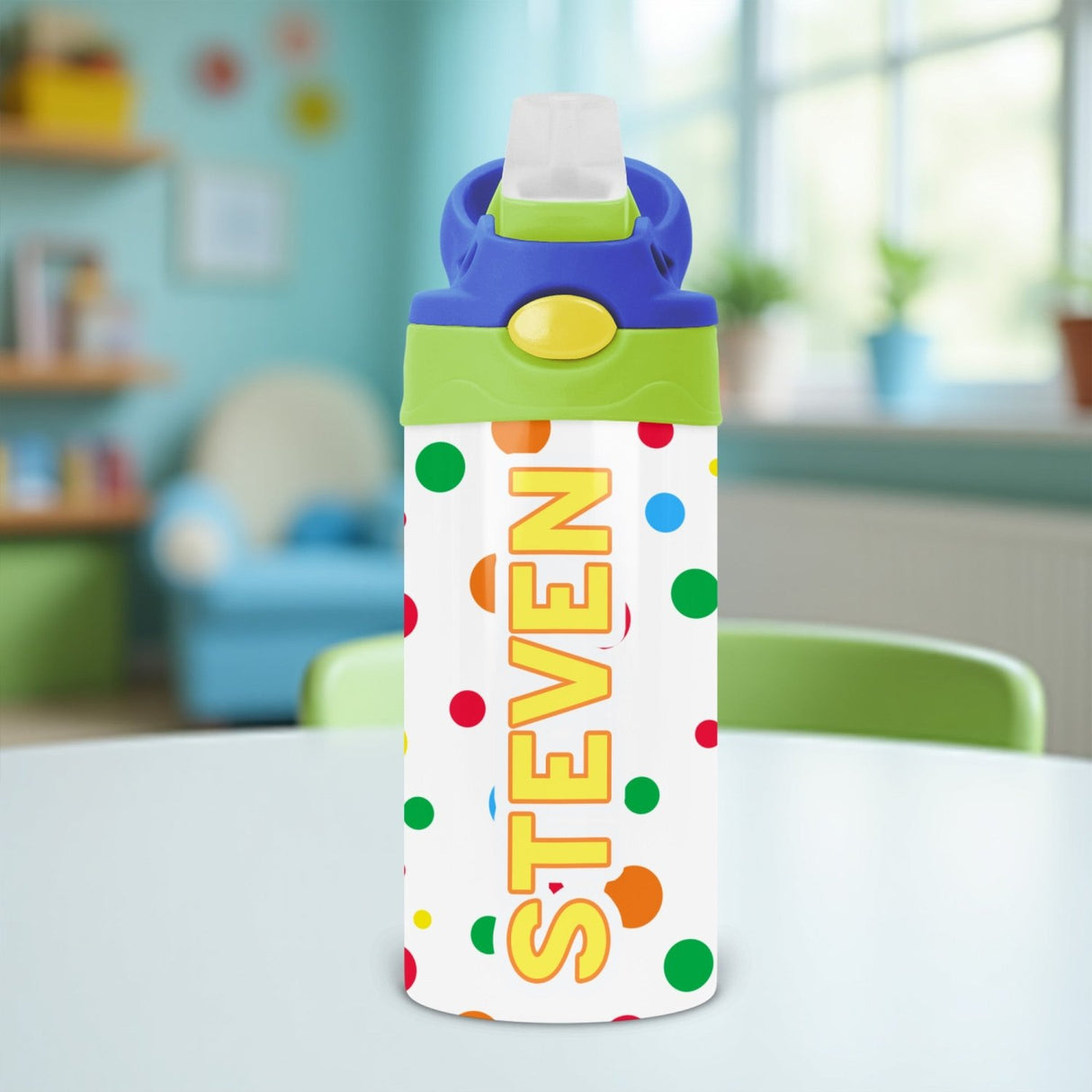 Back to school gift for kids with name designed as a personalized tumbler with bold polka dots.