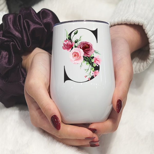 Personalized Floral Wine Tumbler with Custom Initials Name & Date