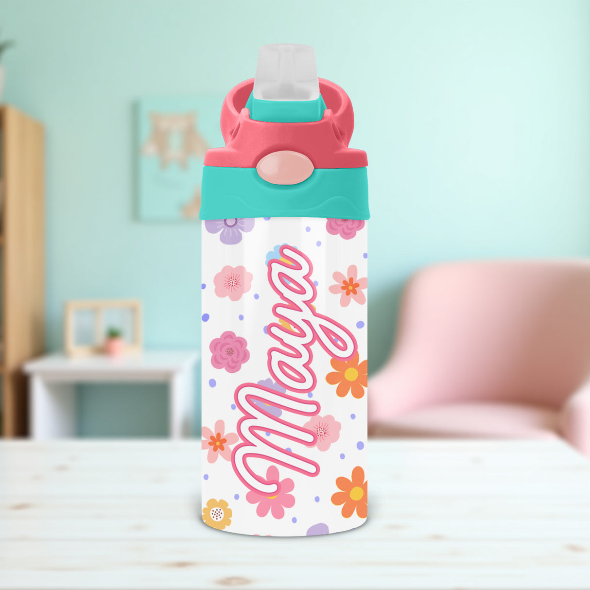 Floral tumbler with flip top lid makes a lovely personalized gift for girls heading back to school.