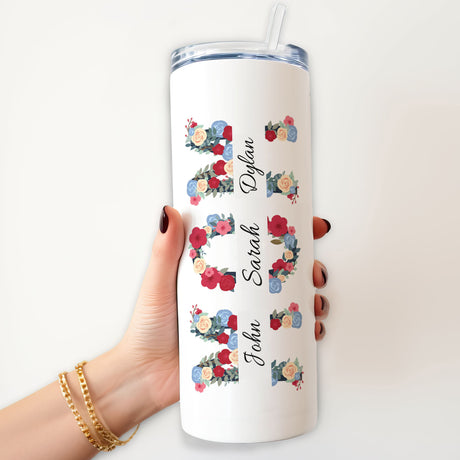 Insulated skinny tumbler with kids names and flowers, custom gift for mom. Custom tumbler the perfect birthday or christmas gifts for mom.