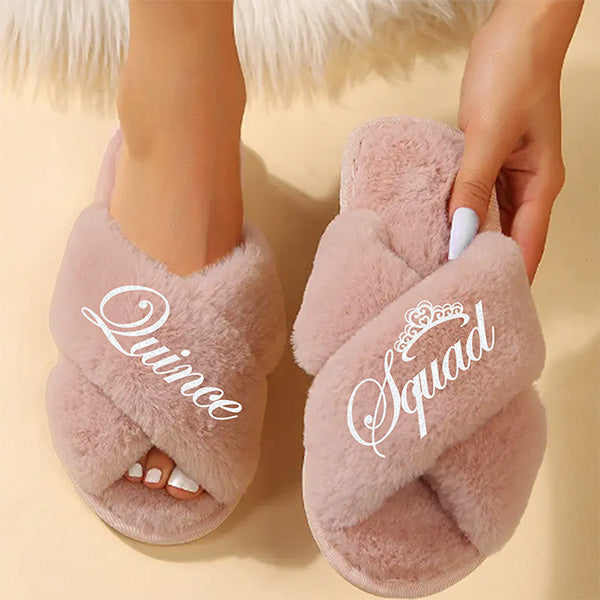 Personalized Fluffy Mis Quince Slippers with Name and Design for Quinceanera Gifts