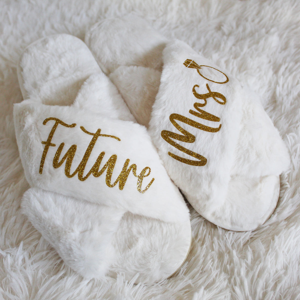 Engagement gift for fiancée with cozy Future Mrs slippers for pre-wedding relaxation. Future Mrs slippers ideal for bridal shower or engagement party gift.