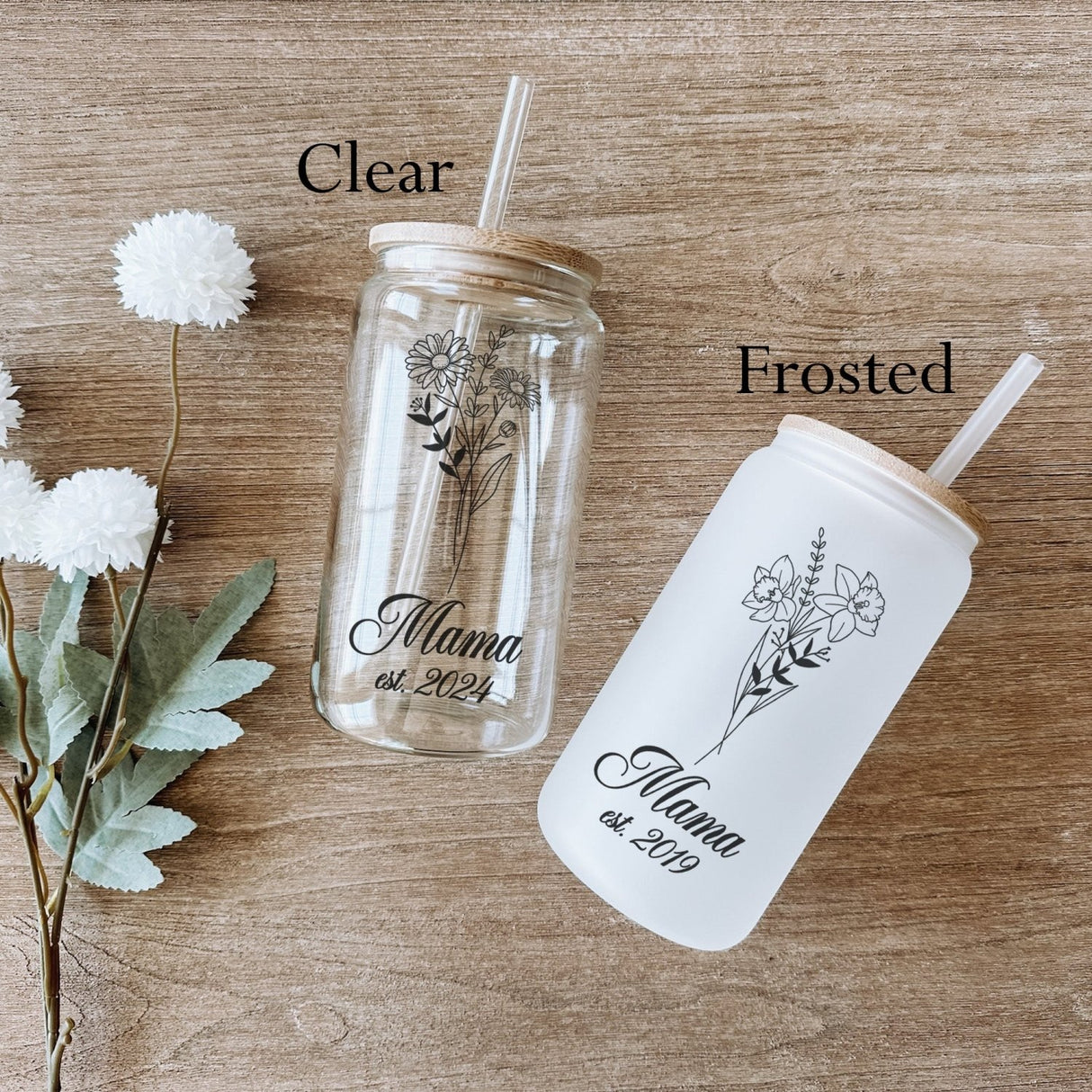 Clear and frosted Libbey glass can with birth flower design. easy gifts for mothers day.