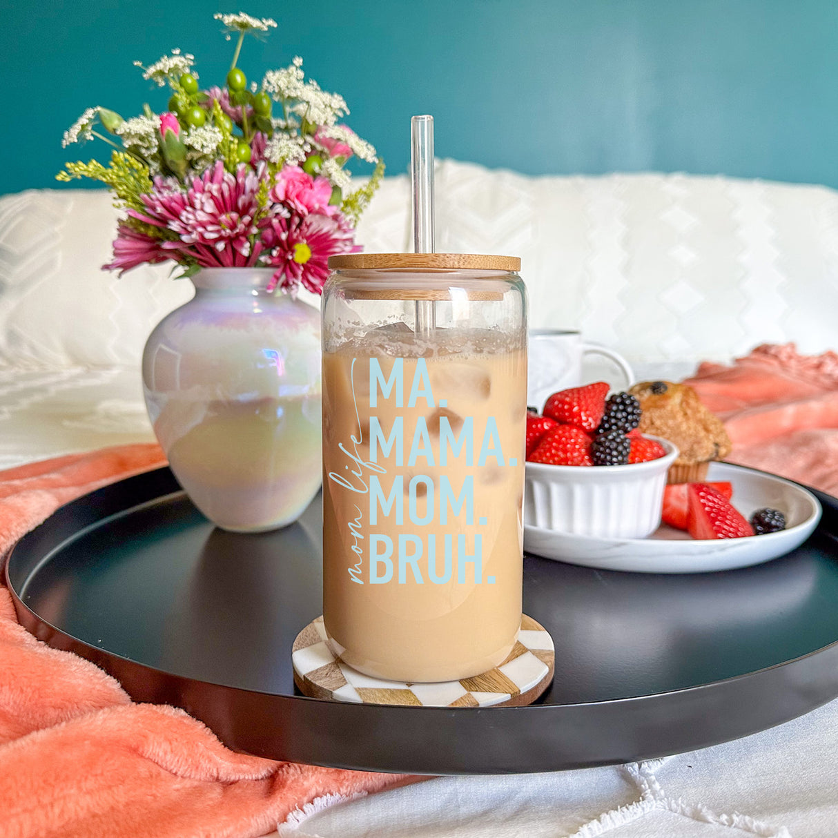 Unique Gift for Mom. Funny Mom Life Glass Tumbler with bamboo lid and plastic straw, ideal Mothers Day gift for her, Mom Life tumbler.