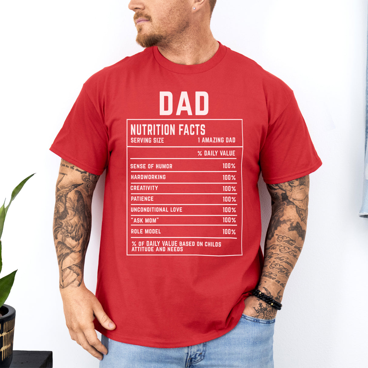 Red Funny Father’s Day graphic tee for dads with custom nutrition facts. Ideal gift from kids or spouse for dad.