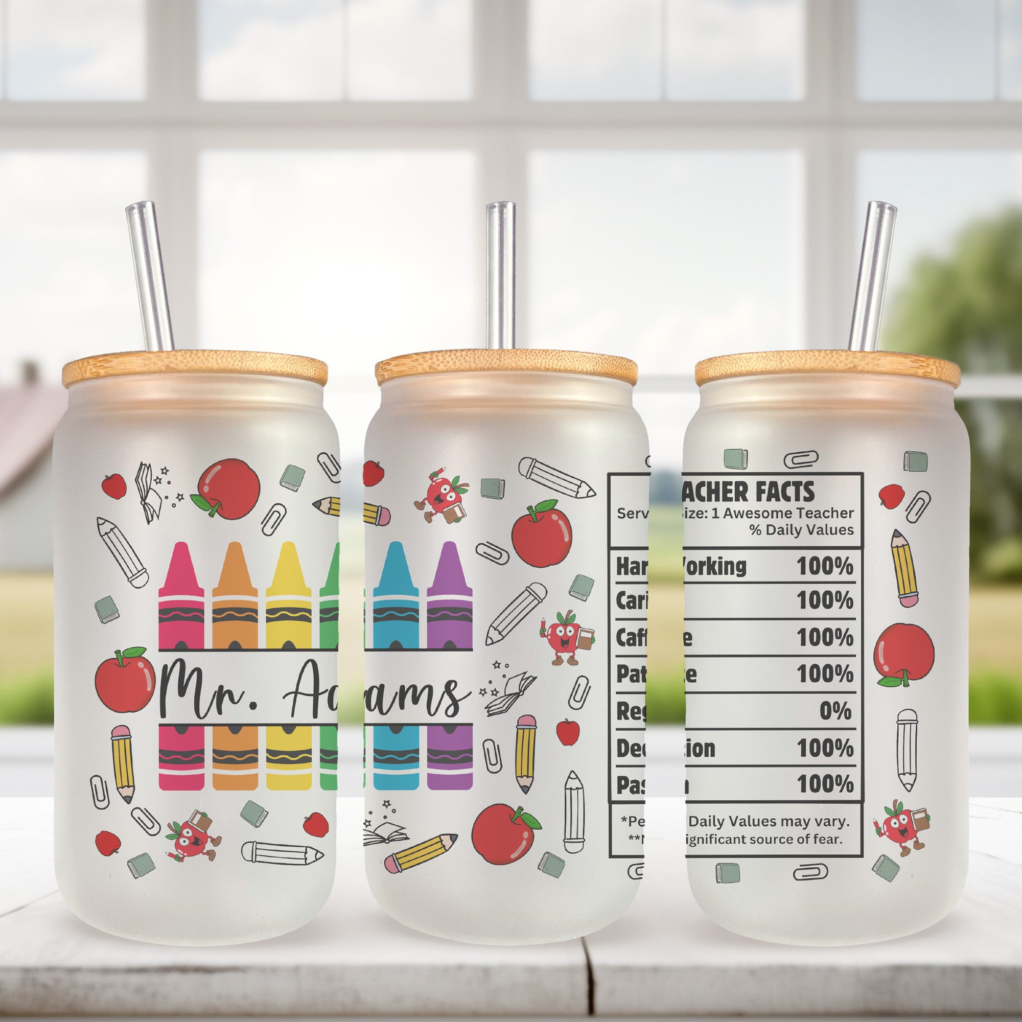 Frosted glass crayon tumbler with personalized teacher name. The best teacher appreciation gift for her is this iced coffee glass with name.