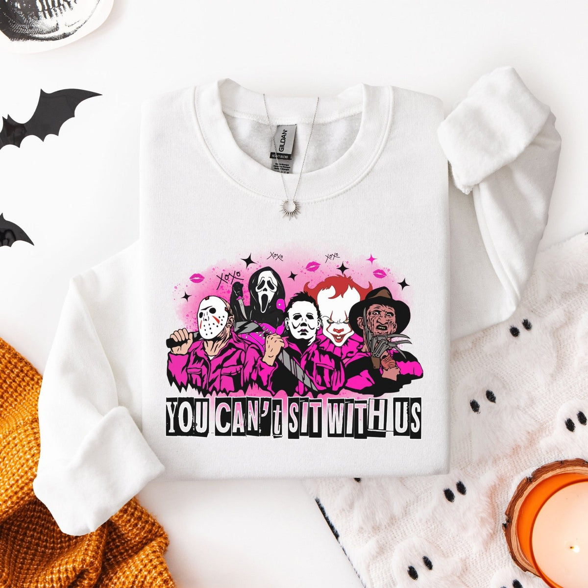 You Can't Sit with Us Halloween Sweatshirt with Horror Movie Characters - Gifts Are Blue