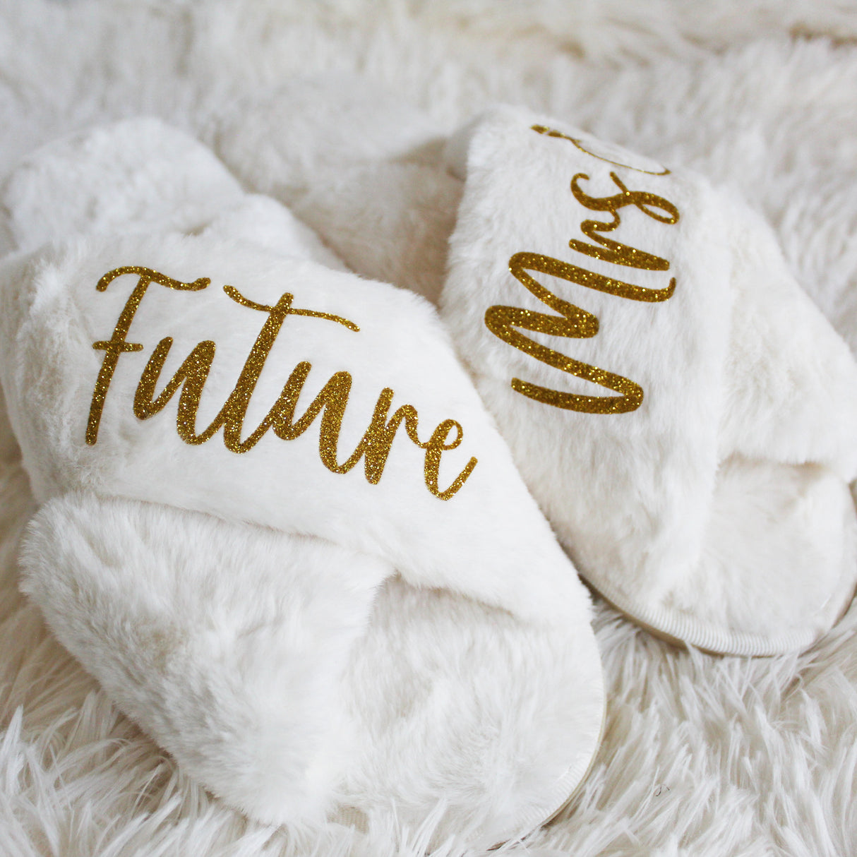 Fluffy white miss to mrs slippers, perfect bridal shower gift, wedding morning slippers for bride to be.