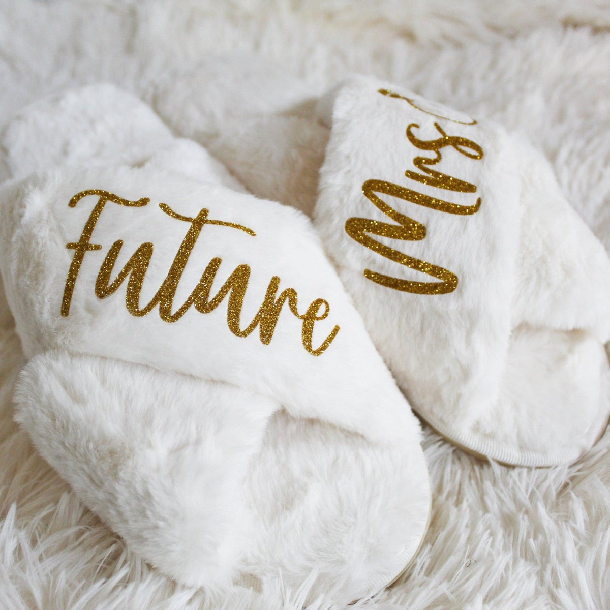 Fluffy white miss to mrs slippers, perfect bridal shower gift, wedding morning slippers for bride to be.